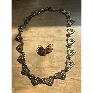 Victorian Revival Gold Tone Floral Heart Costume Jewelry Set Necklace & Earrings